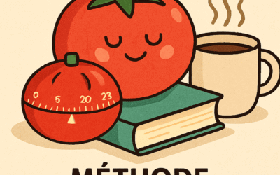 Tomate stylisée avec livre, minuteur, tasse de café pour Méthode Pomodoro