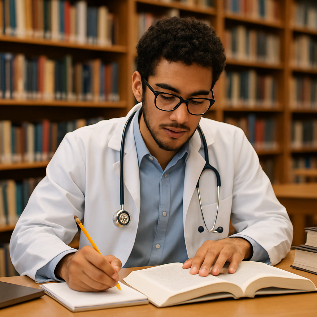 Étudiant en médecine préparant le concours ESA en bibliothèque