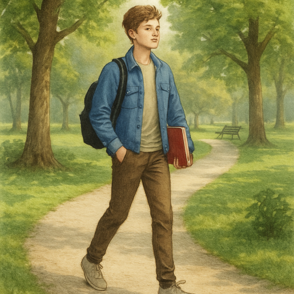 Étudiant marchant dans un parc toulousain pour s'aérer entre deux chapitres