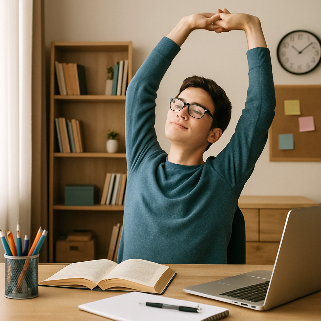 Étudiant qui s'étire à son bureau pendant une pause de révisions
