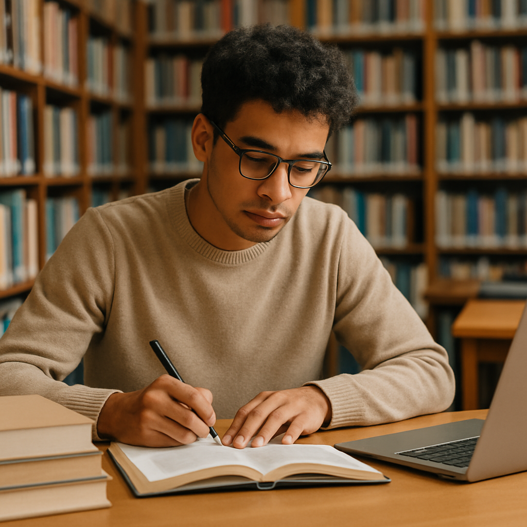 Les 5 différences clés entre le lycée et le supérieur 1 Étudiante travaillant en bibliothèque avec ses notes de cours
